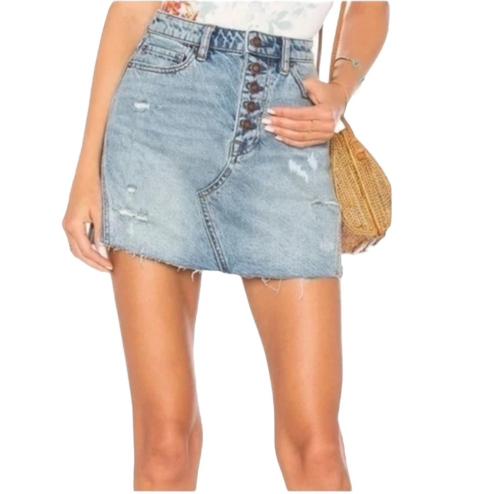 We The Free | Free People Distressed High Rise Raw Hem Button Front Mini Skirt
